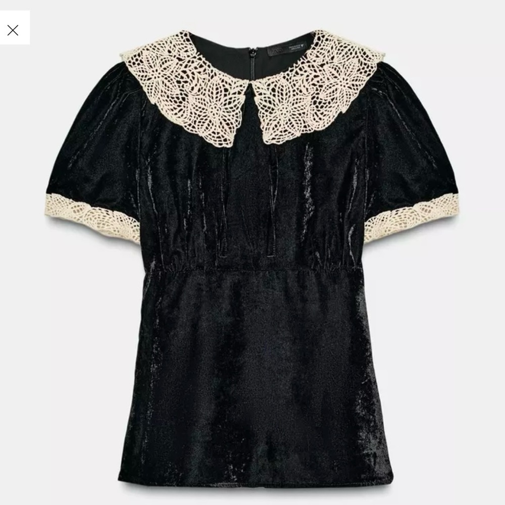 Zara Black Top with Cream Lace Collar - Picture 4 of 4
